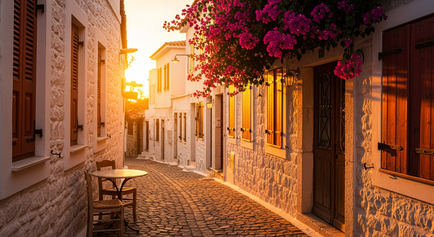 Alaçatı taş sokağı, altın saatte beyaz badanalı duvarlar, terrakota panjurlar, begonvil