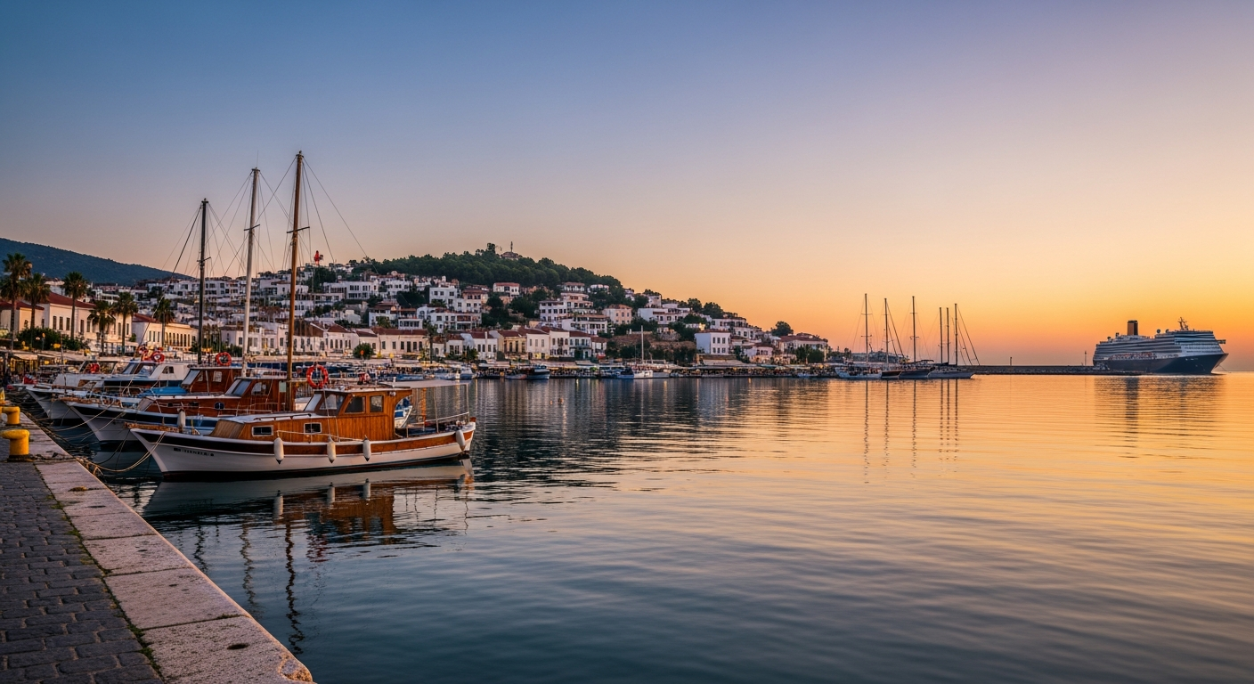 Kuşadası limanı şafakta, küçük balıkçı tekneleri önde, kruvaziyer arka planda