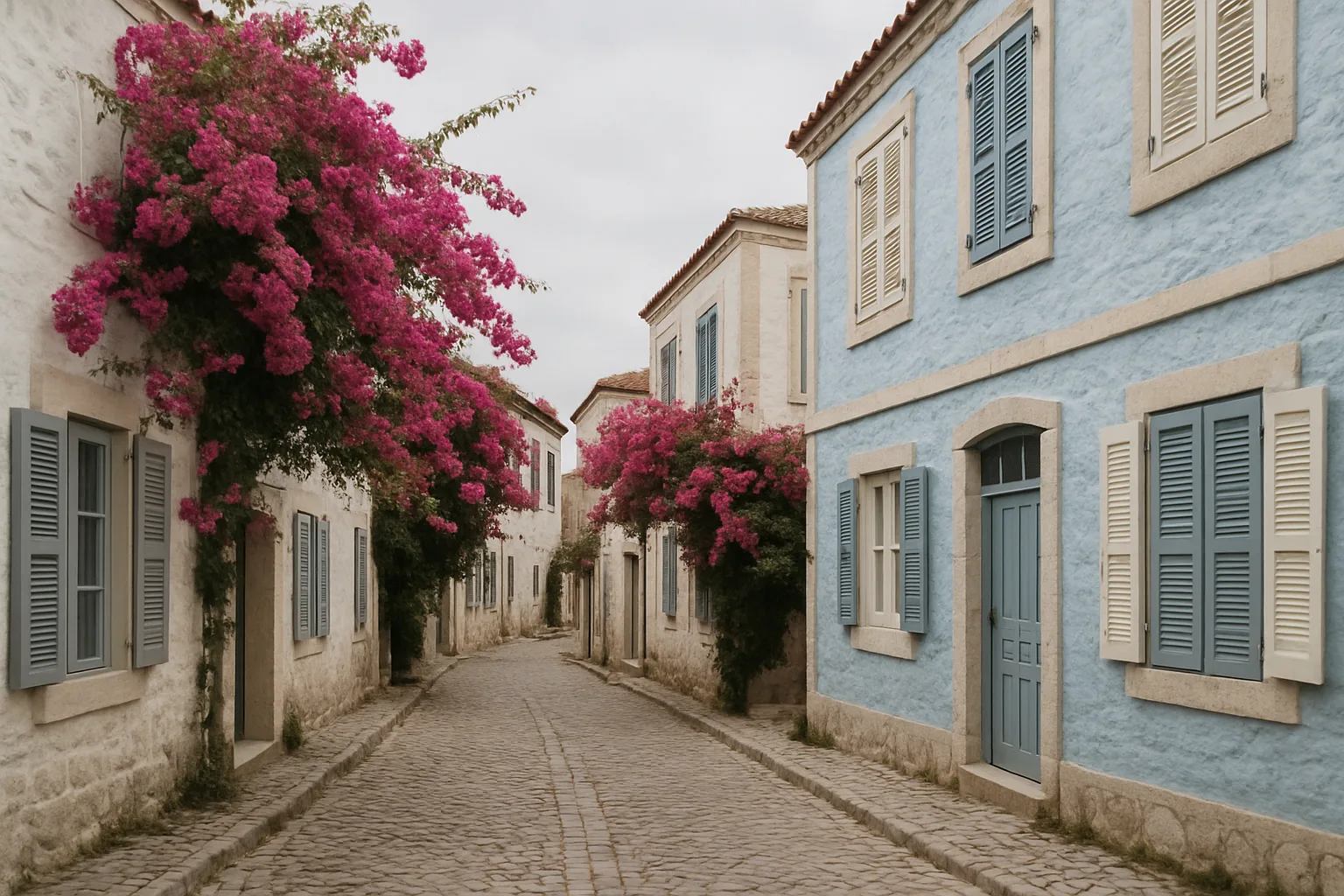 Cobblestone lane in Alacati, Turkey, lined with stone houses