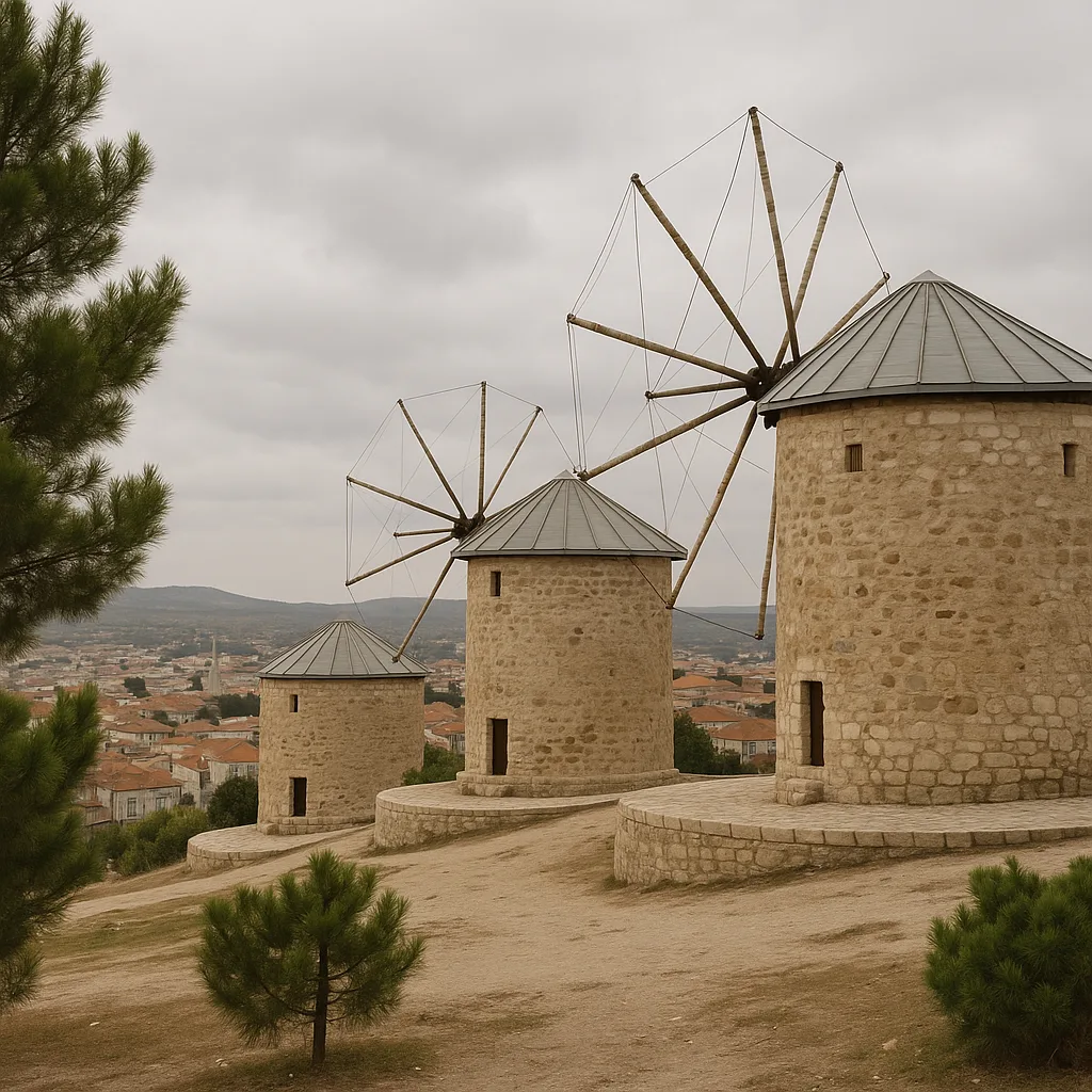 The stone windmills of Alacati Degirmenleri on the hill above Alacati village