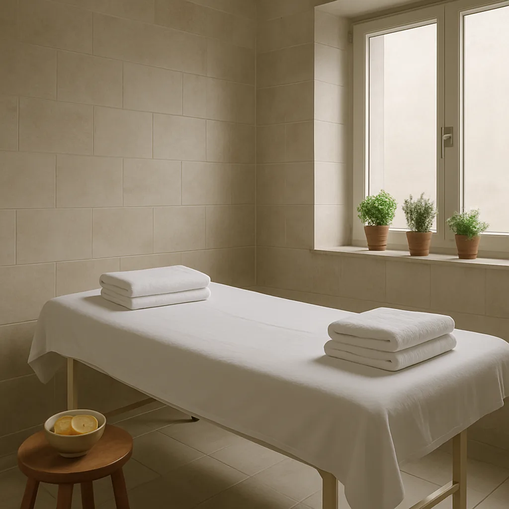A quiet massage treatment room with towels and herbs