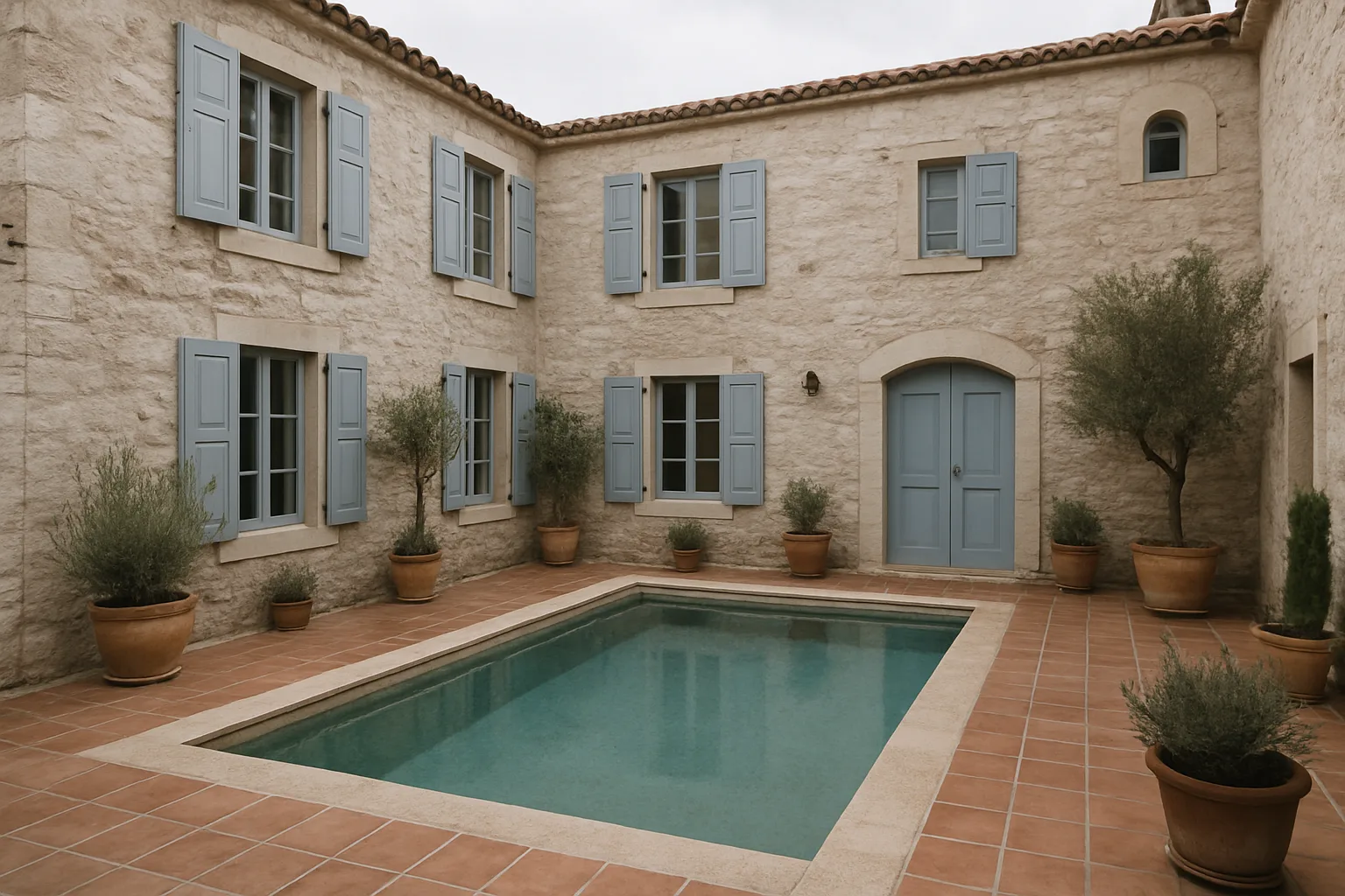 Courtyard of a stone-house boutique hotel in Alacati with a small pool