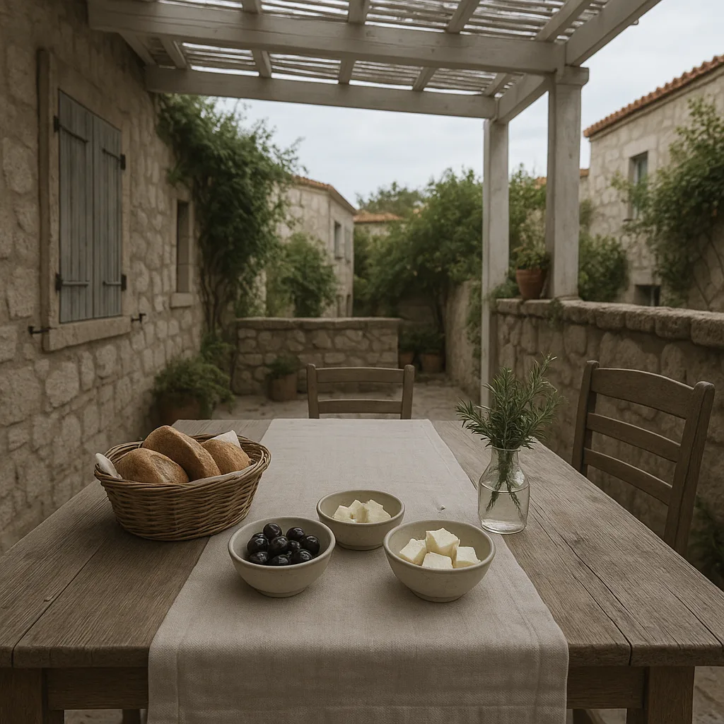 A stone house hotel breakfast terrace in Alacati with fresh bread and olives