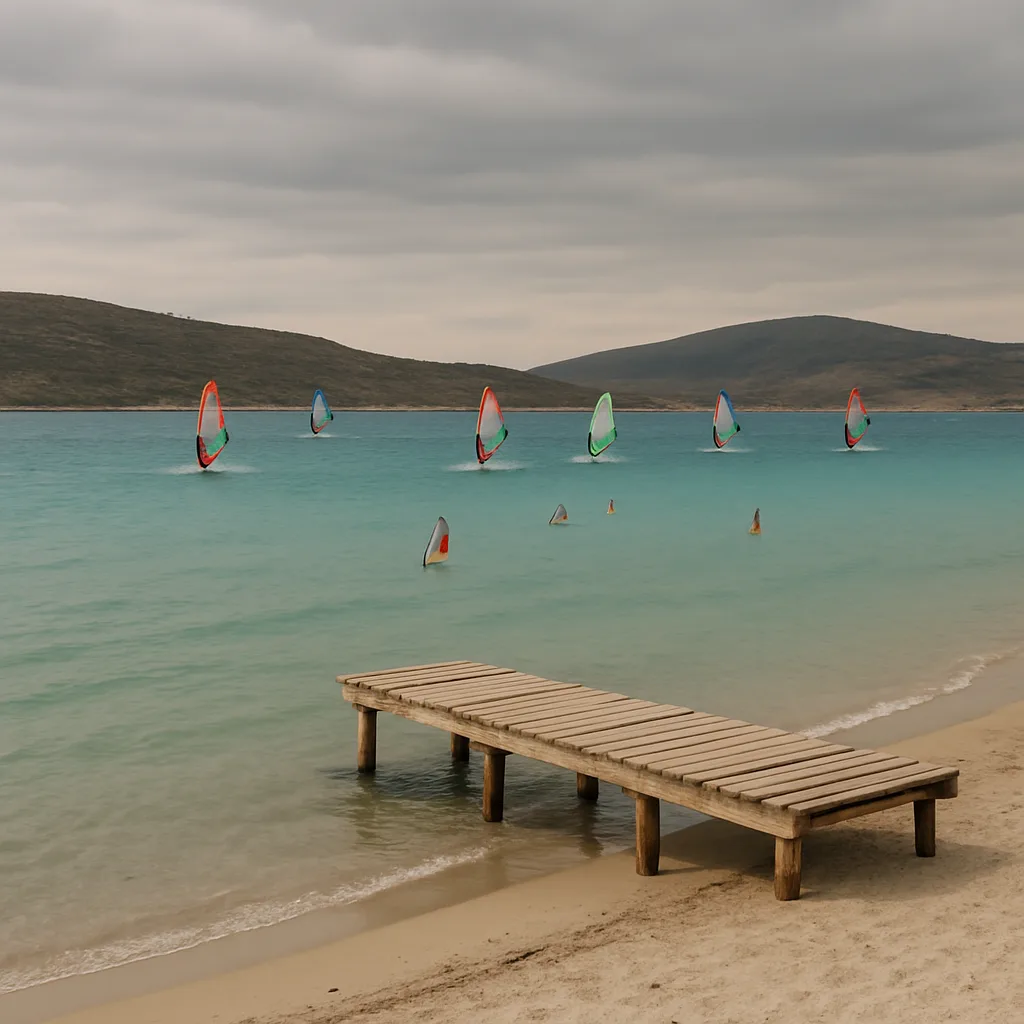Alacati Bay with distant windsurfer sails on a shallow turquoise sea