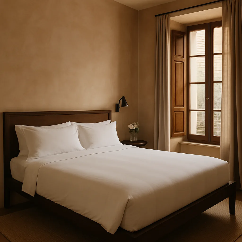 A design-led boutique hotel bedroom with soft natural light