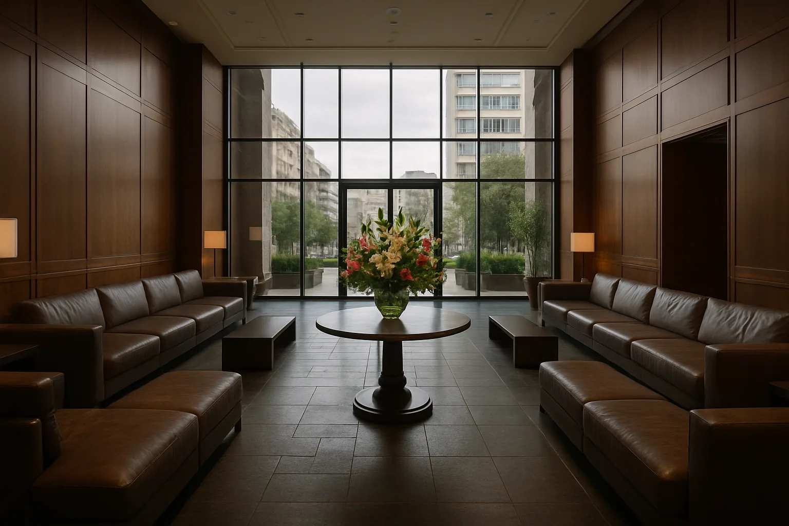 An elegant hotel lobby in central Izmir with leather sofas and wood panelling