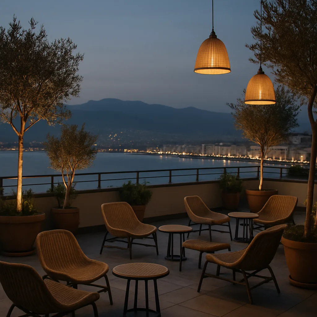 A quiet hotel rooftop terrace in central Izmir at dusk