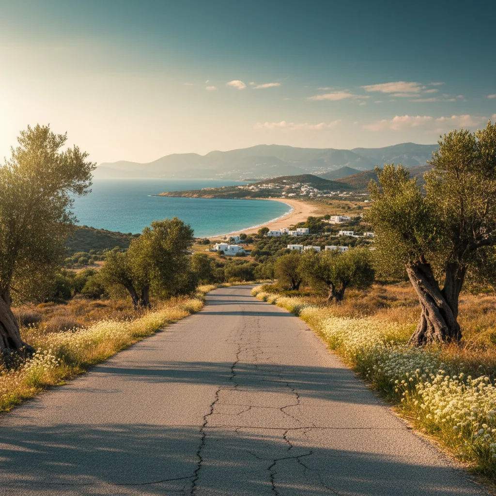 Sunlit road towards the Aegean coast