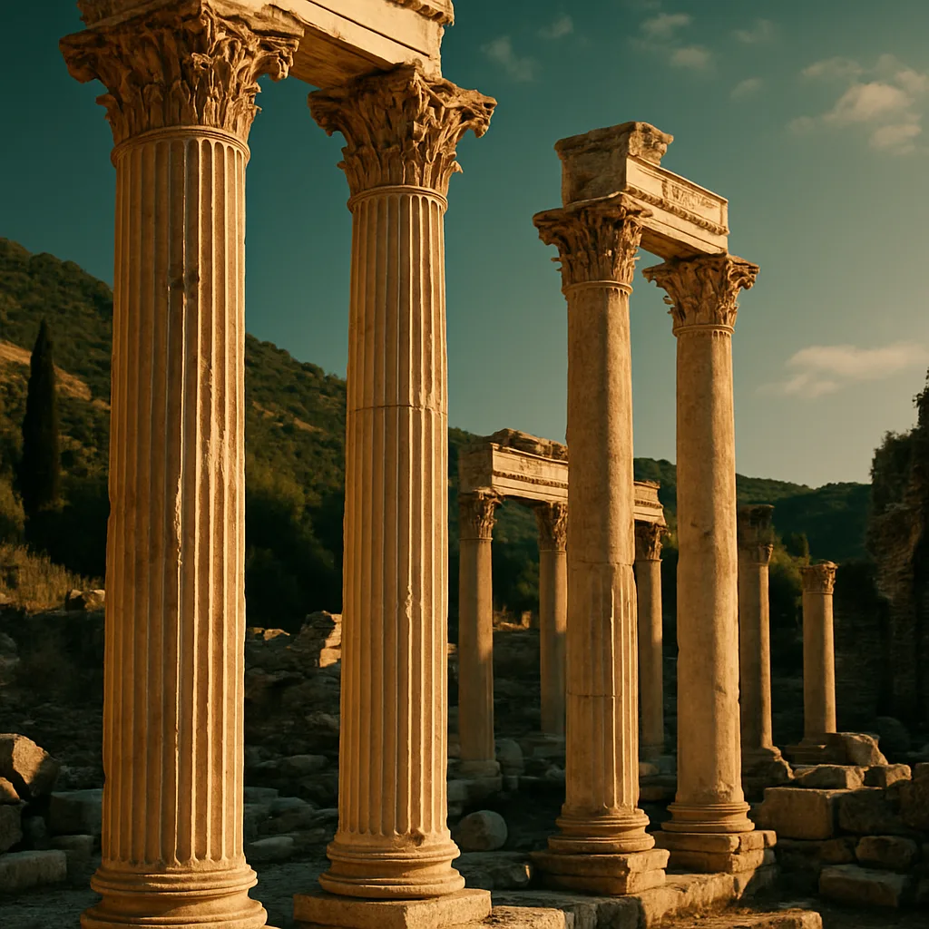 Roman columns at Ephesus in golden hour light