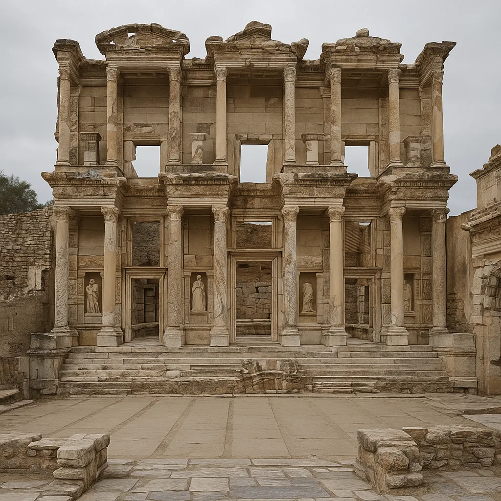 The Library of Celsus facade at Ephesus on an overcast morning