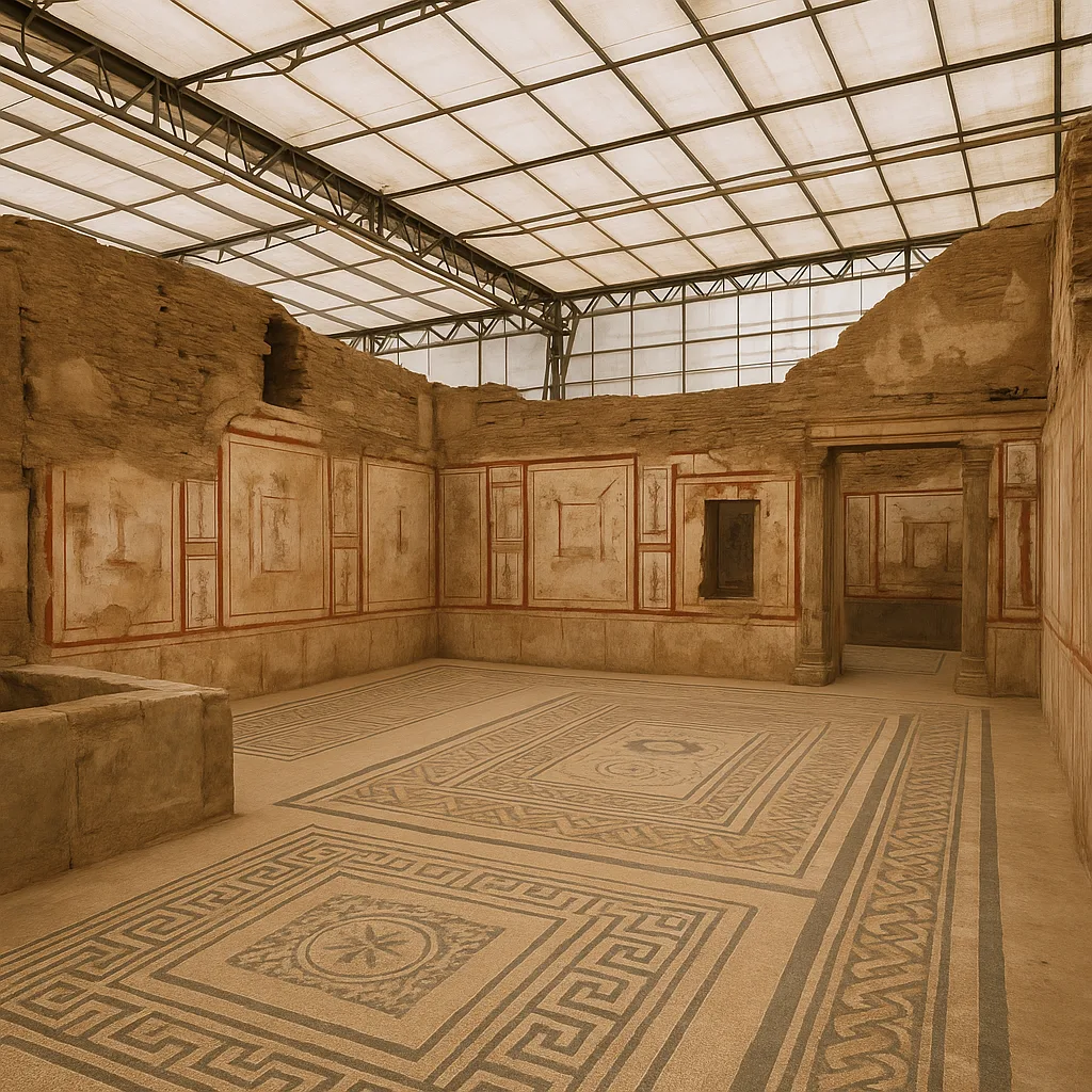 Mosaic floors and frescoes inside the Terrace Houses at Ephesus
