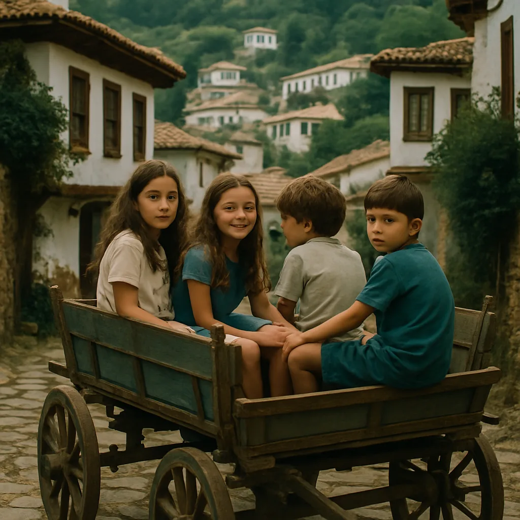 Children at Sirince village riding in a cart