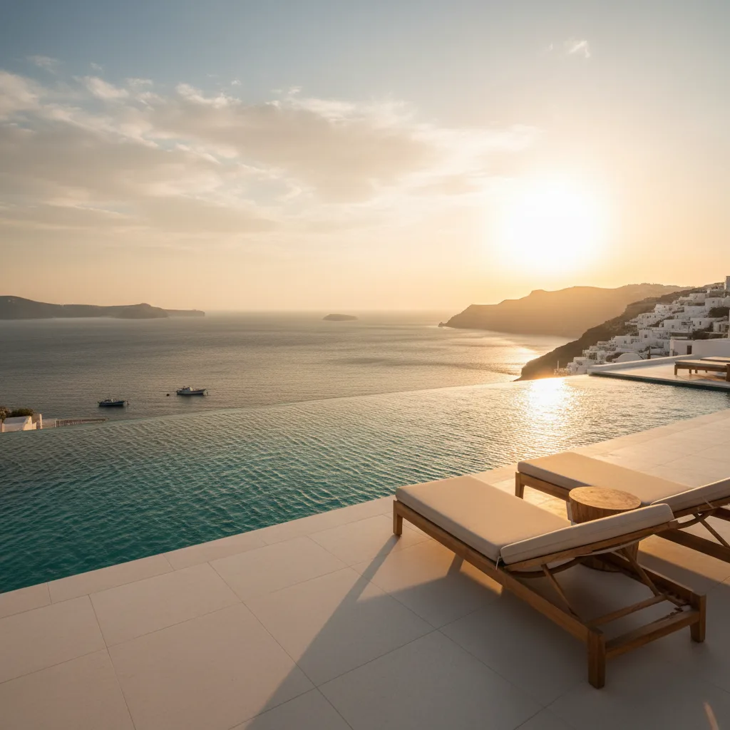 Hotel pool at golden hour with the Aegean behind