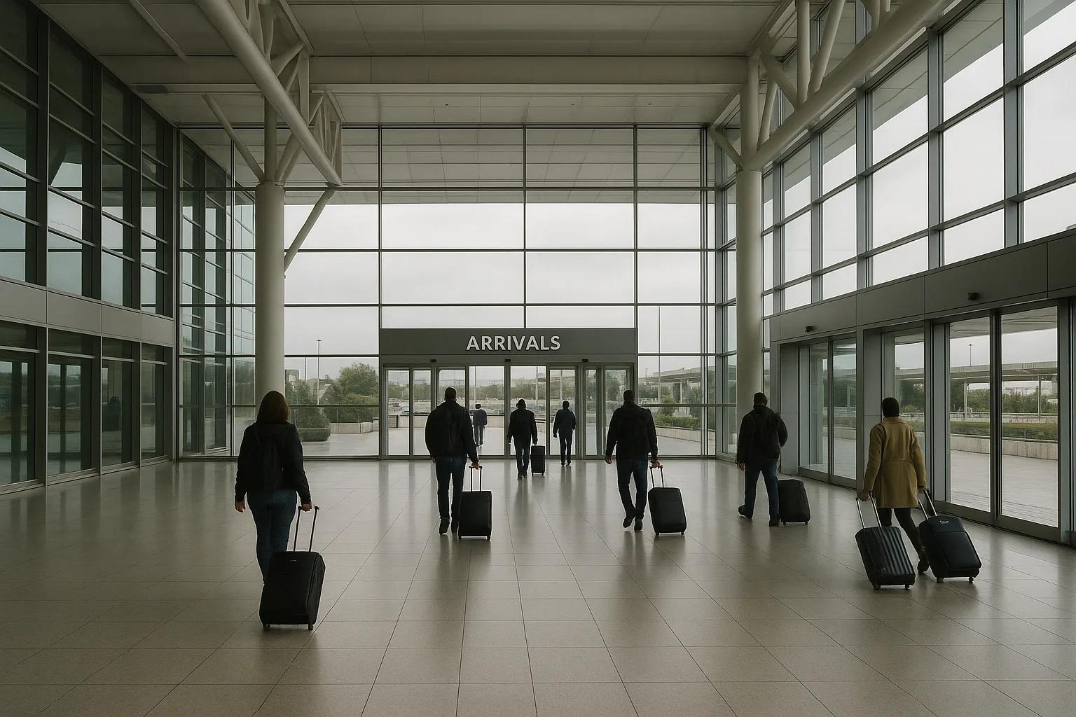 Modern airport arrivals hall with travellers walking towards exit