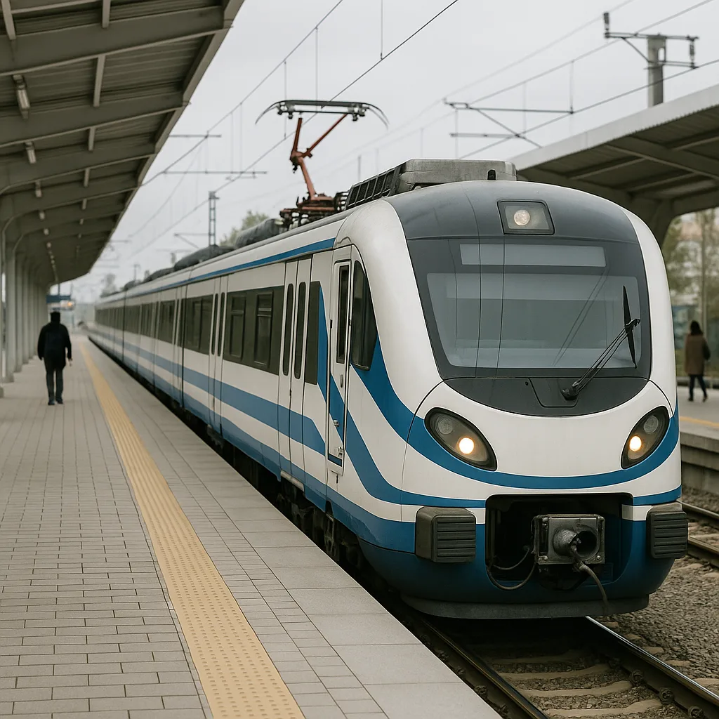 Modern suburban commuter train at a station platform
