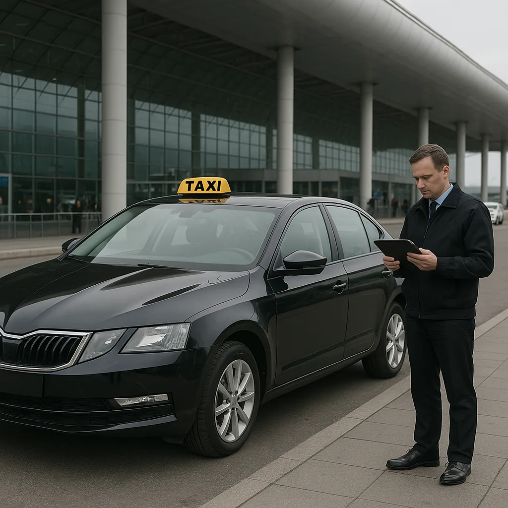 Dark saloon car parked at airport terminal kerb for a private transfer