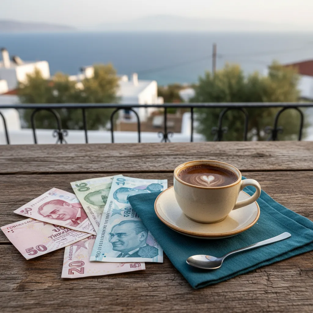 Turkish lira notes and a coffee cup on a cafe table