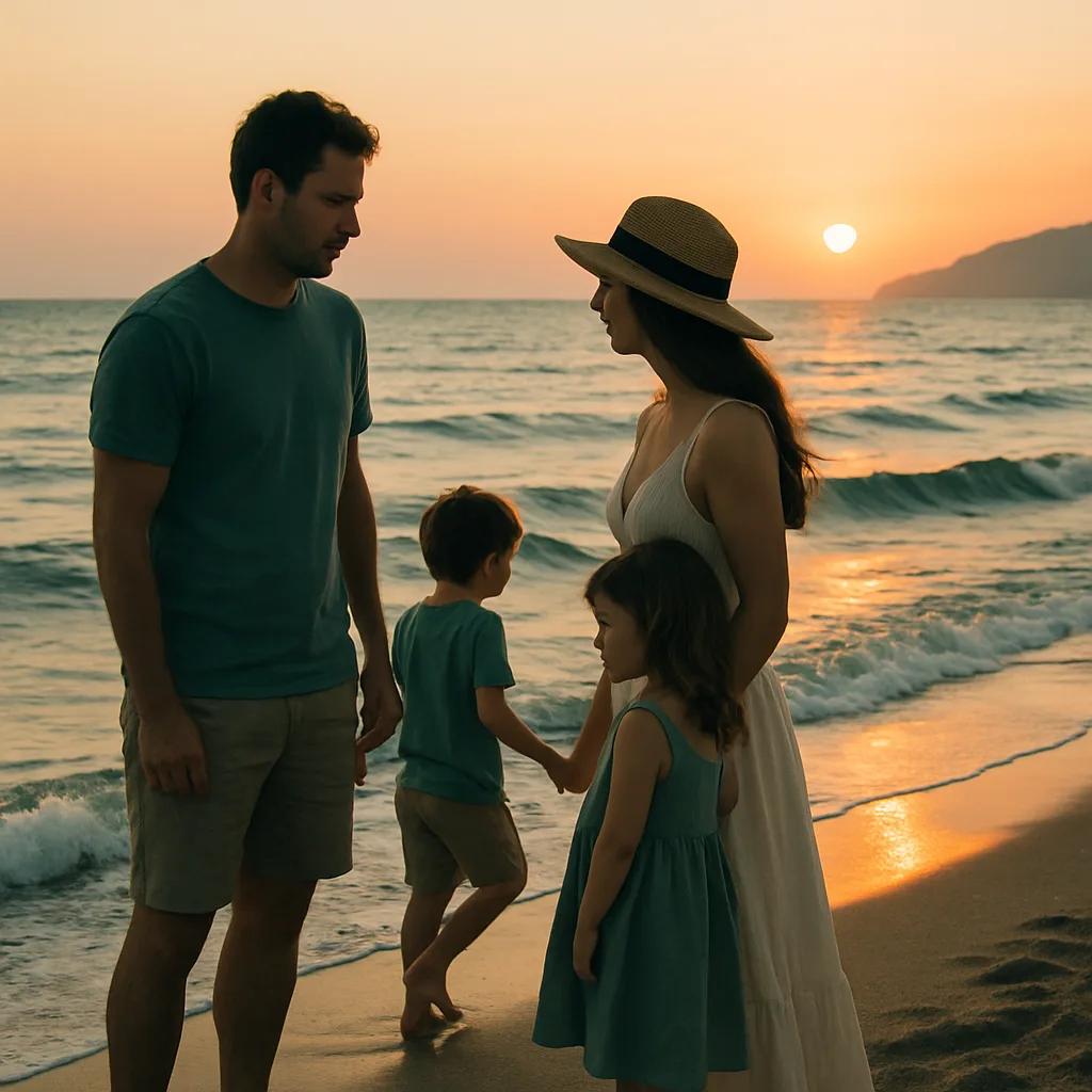 A family on the beach at Ozdere at sunset