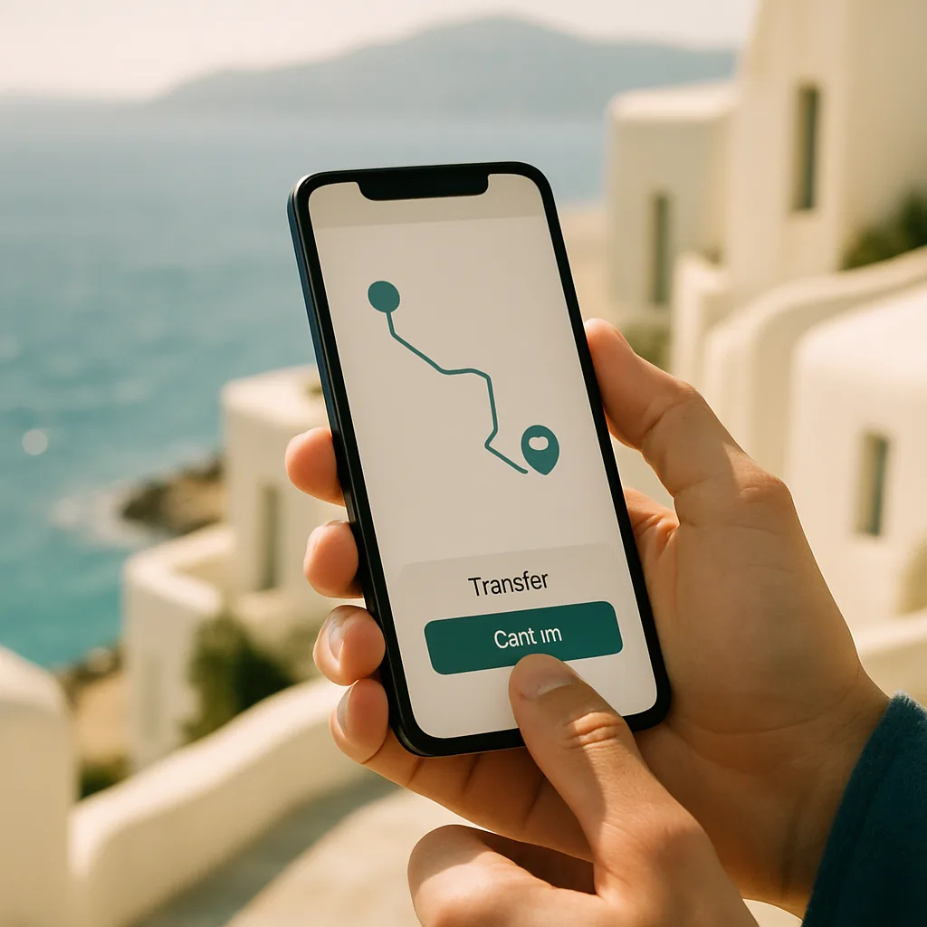 Hand on a smartphone confirming a transfer booking