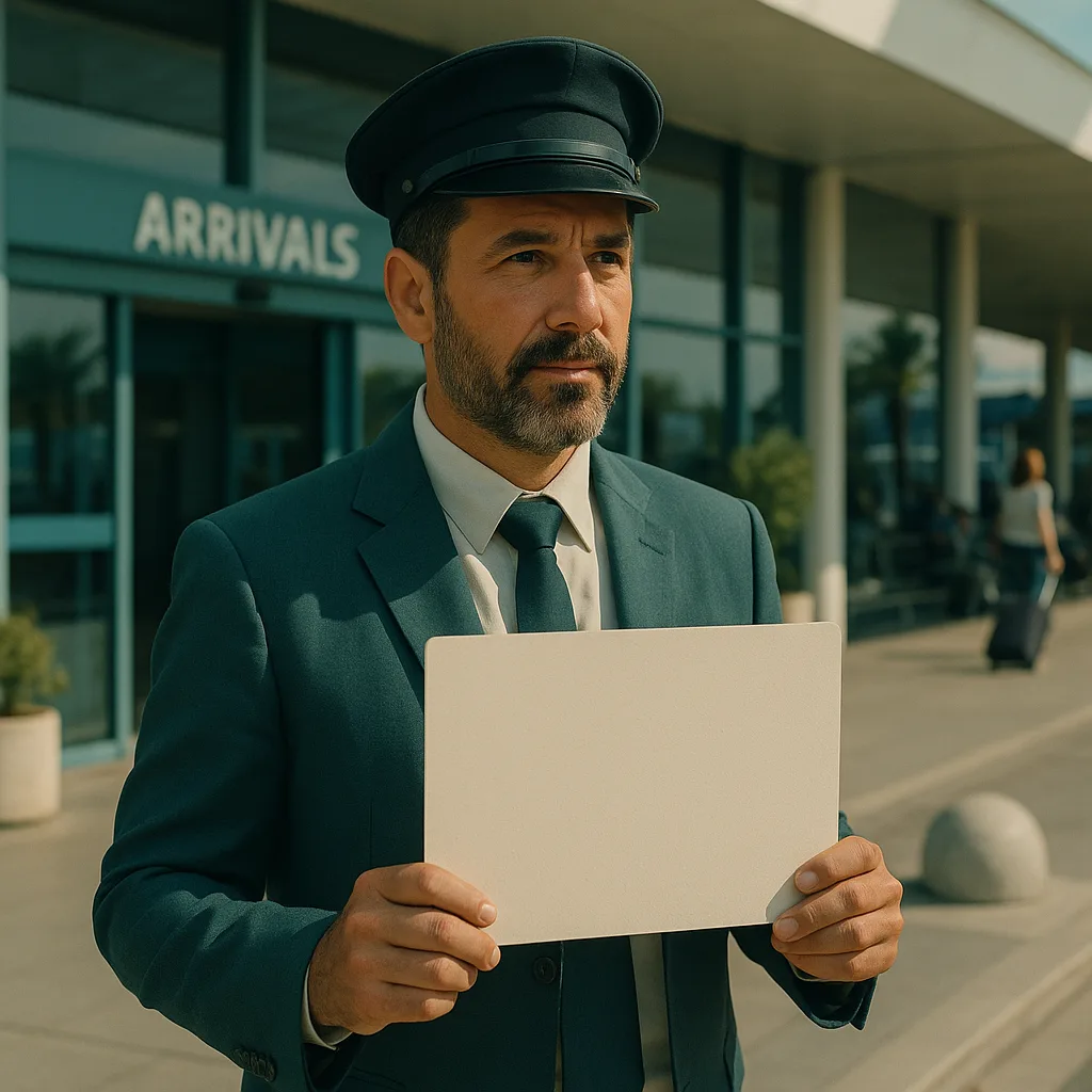 Driver holding a name board at airport arrivals