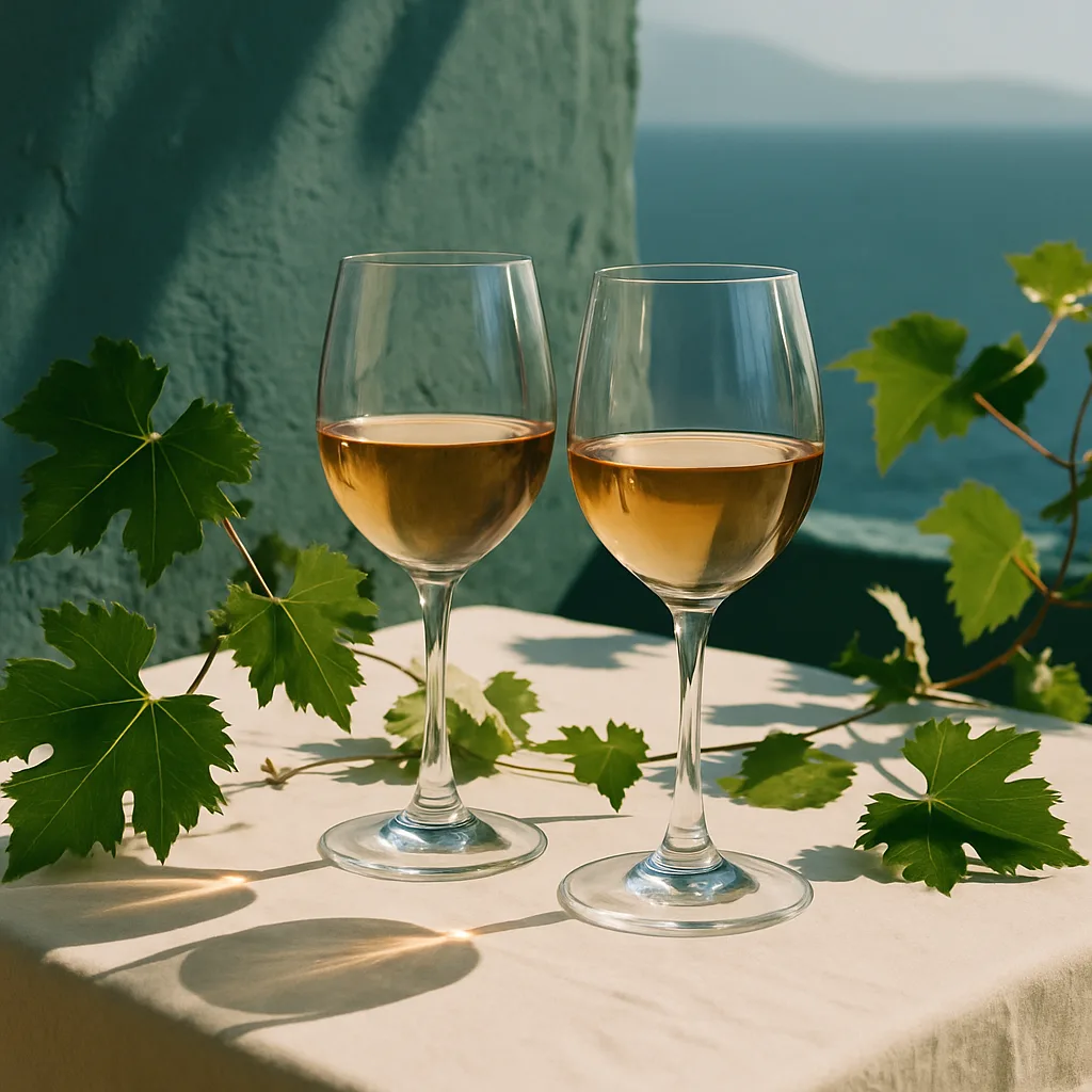 Wine glasses on a table with vine leaves