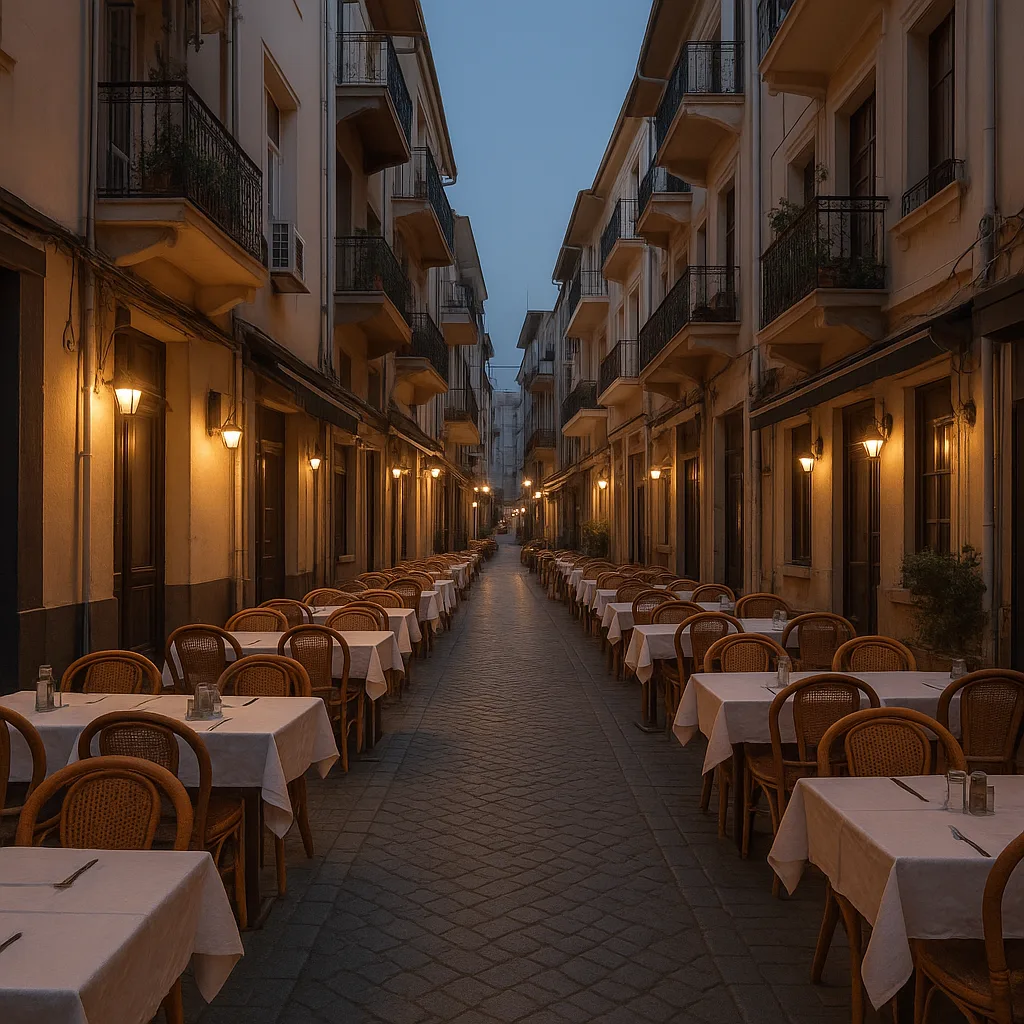 A pedestrian side street in Alsancak, Izmir, with restaurant tables outside